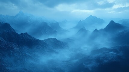 Acrylglasbilder Blau Blue landscape with misty mountains, mysterious atmosphere,  © Oulailux