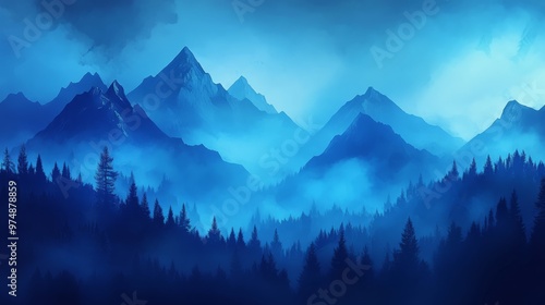 Fototapeta Naklejka Na Ścianę i Meble -  Blue landscape with misty mountains, mysterious atmosphere,