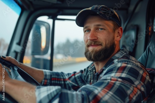 A person with a beard behind the wheel of a truck, ready to hit the road