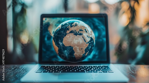 A laptop displaying a globe, symbolizing global connectivity, international business, and the digital age in a modern workspace setting.