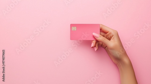 A close-up of a hand holding a pink credit card against a pink background, symbolizing feminine style, finance, and shopping. photo