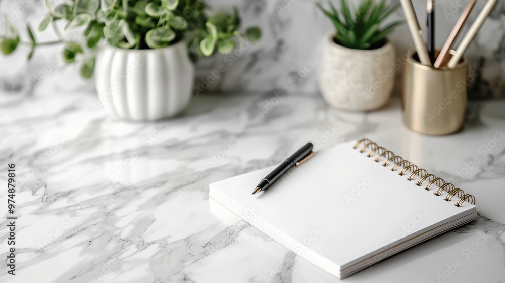 A stylish workspace featuring a notebook, pen, and decorative plants on a marble surface, creating a productive and aesthetically pleasing environment. A stylish workspace featuring a notebook, pen, and decorative plants on a marble surface, creating a productive and aesthetically pleasing environment.