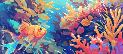 Close up painting of danio rerio fish alongside vibrant neon corals photo