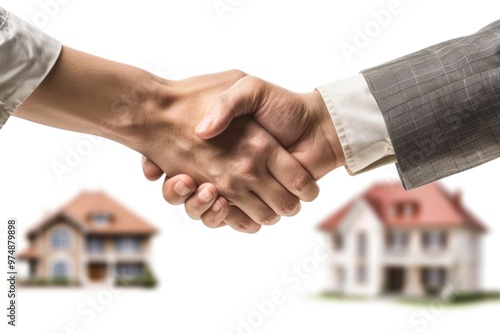 Two individuals shaking hands outside a residential building