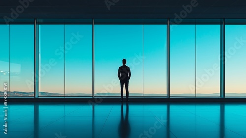 A businessman stands in silhouette, gazing out of large glass windows into the horizon, representing vision, leadership, and ambition. photo