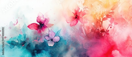 Abstract watercolor painting blending fantasy elements with a natural backdrop showcasing a futuristic composition and a beautiful floral collage