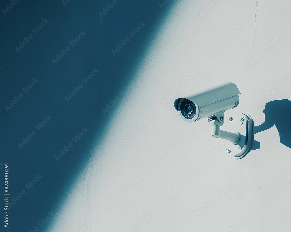 A CCTV camera installed on smooth white wall of home, providing security and surveillance. sleek design blends seamlessly with modern architecture, ensuring safety A CCTV camera installed on smooth white wall of home, providing security and surveillance. sleek design blends seamlessly with modern architecture, ensuring safety