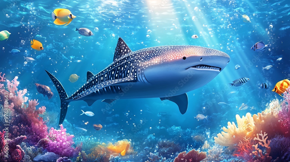 Fototapeta premium A large whale shark swims through a vibrant coral reef with colorful fish.