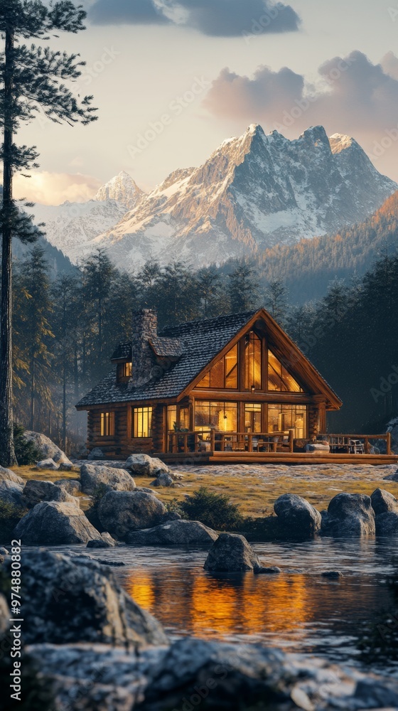 Fototapeta premium Cozy Mountain Cabin Nestled in Serene Winter Landscape with Glowing Sunset Reflection