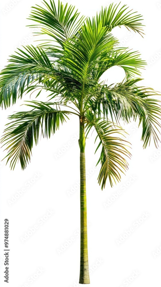Obraz premium Palm tree with long green leaves, isolated on white, summer tropical vibes