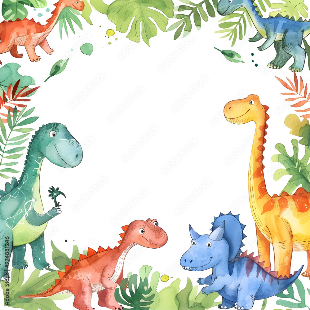Fototapeta premium Cute cartoon dinosaur frame border on background in watercolor style.