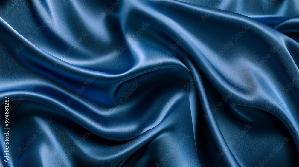 Fototapeta premium Blue silk fabric, soft folds, luxurious texture,