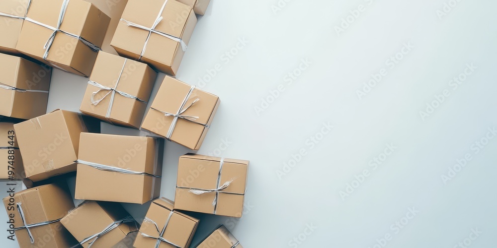 A collection of neatly stacked cardboard boxes arranged on a light background, ideal for shipping or packaging concepts. A collection of neatly stacked cardboard boxes arranged on a light background, ideal for shipping or packaging concepts.