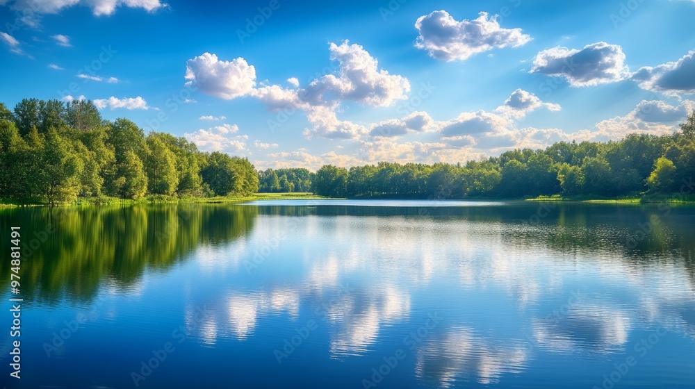 Blue sky reflecting on a calm lake, surrounded by trees, Blue sky reflecting on a calm lake, surrounded by trees,
