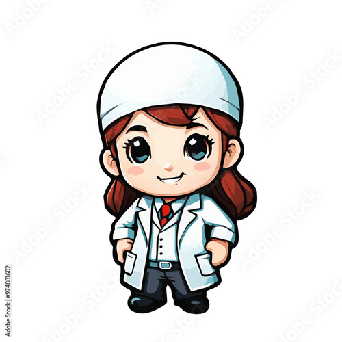 Cute little girl, hero doctor in white uniform, cartoon character isolated on white