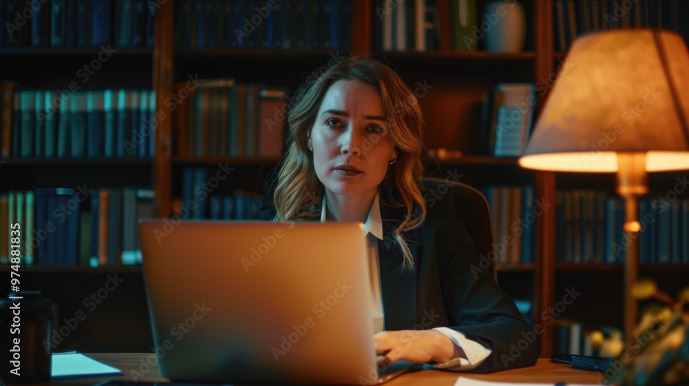A person using a laptop computer with a calm and focused expression A person using a laptop computer with a calm and focused expression