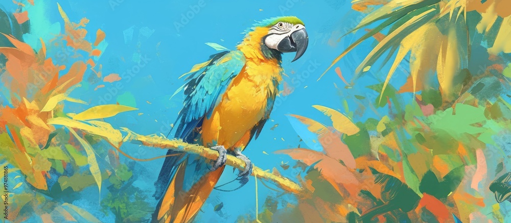 Fototapeta premium Vibrant painting of a colorful parrot set against a tropical backdrop