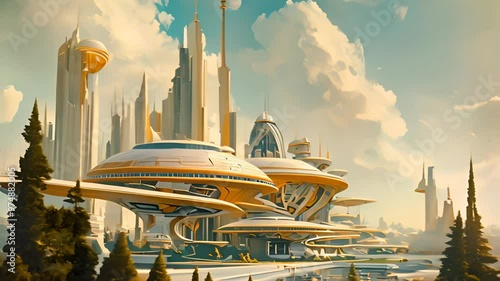 Retrofuturistic landscape in mid-century sci-fi style. Retro science fiction scene with futuristic city buildings photo