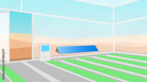 Flat design illustration of greenhouse farming with a raised bed system, equipped with a control panel, set against a background of solar panels and desert
