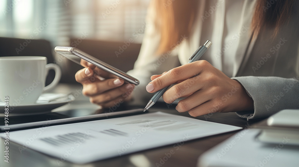 focused businesswoman takes notes while holding a tablet, reflecting productivity, organization, and multitasking. The image symbolizes diligence, professionalism, and technological integration focused businesswoman takes notes while holding a tablet, reflecting productivity, organization, and multitasking. The image symbolizes diligence, professionalism, and technological integration