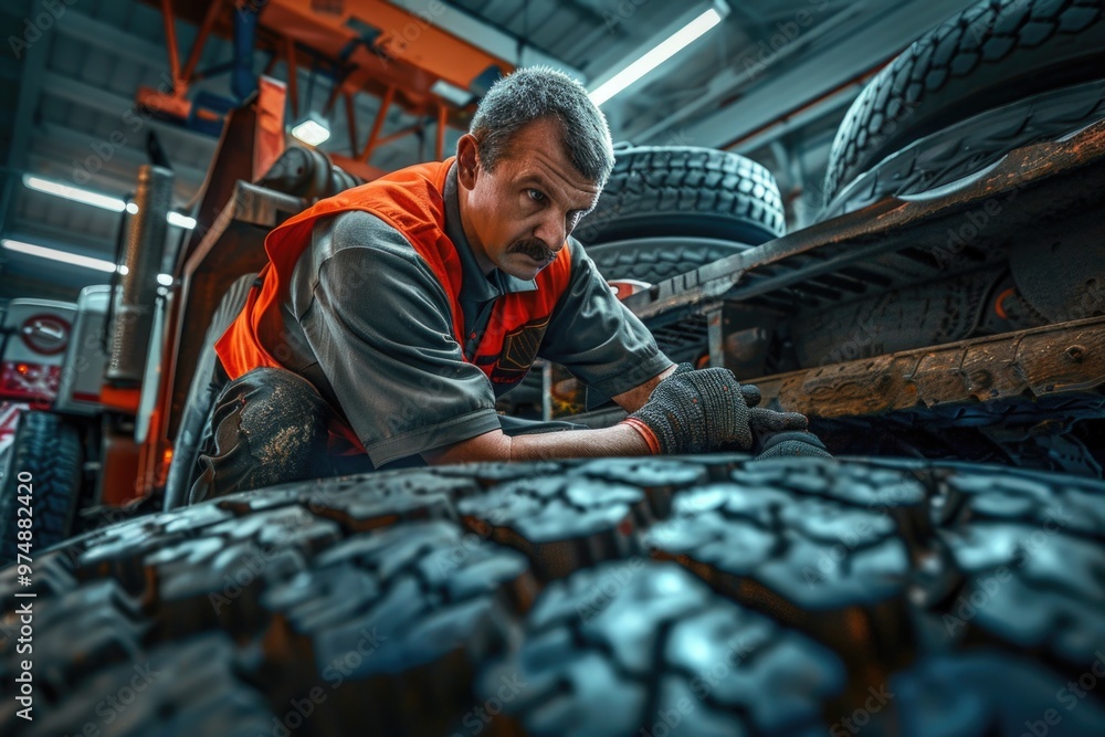 Man repairing car tire in a garage with tools and equipment Man repairing car tire in a garage with tools and equipment