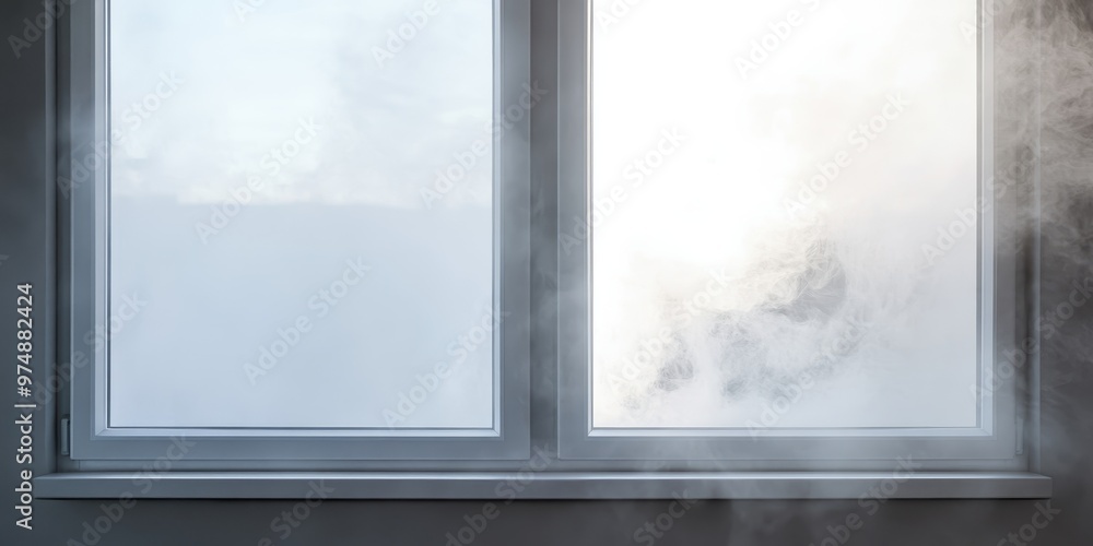 A frosted window with condensation creating a serene atmosphere and soft light, perfect for evoking a cozy indoor scene. A frosted window with condensation creating a serene atmosphere and soft light, perfect for evoking a cozy indoor scene.