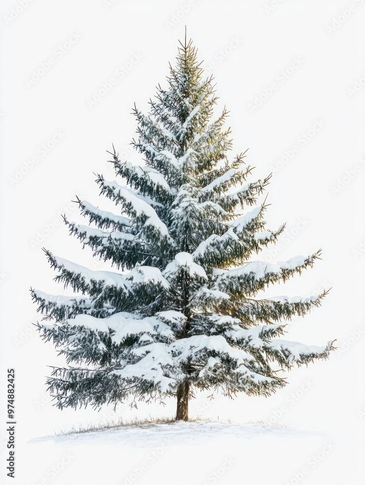 Pine tree isolate on white background, winter setting, snow-covered, Pine tree isolate on white background, winter setting, snow-covered,