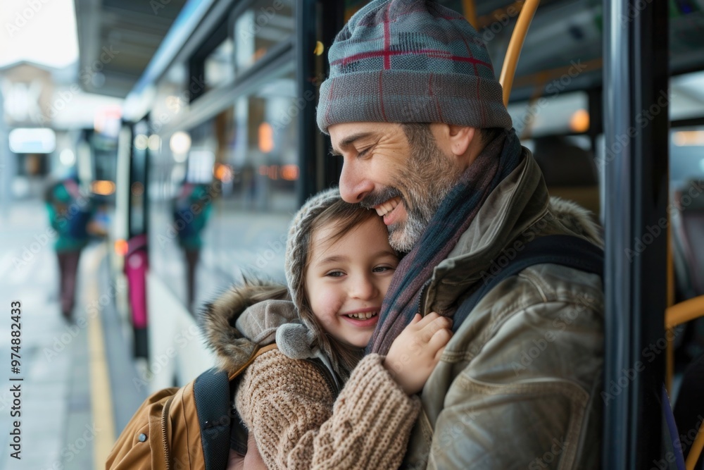 A father-son or uncle-niece moment on public transportation, suitable for family or relationship themed projects A father-son or uncle-niece moment on public transportation, suitable for family or relationship themed projects