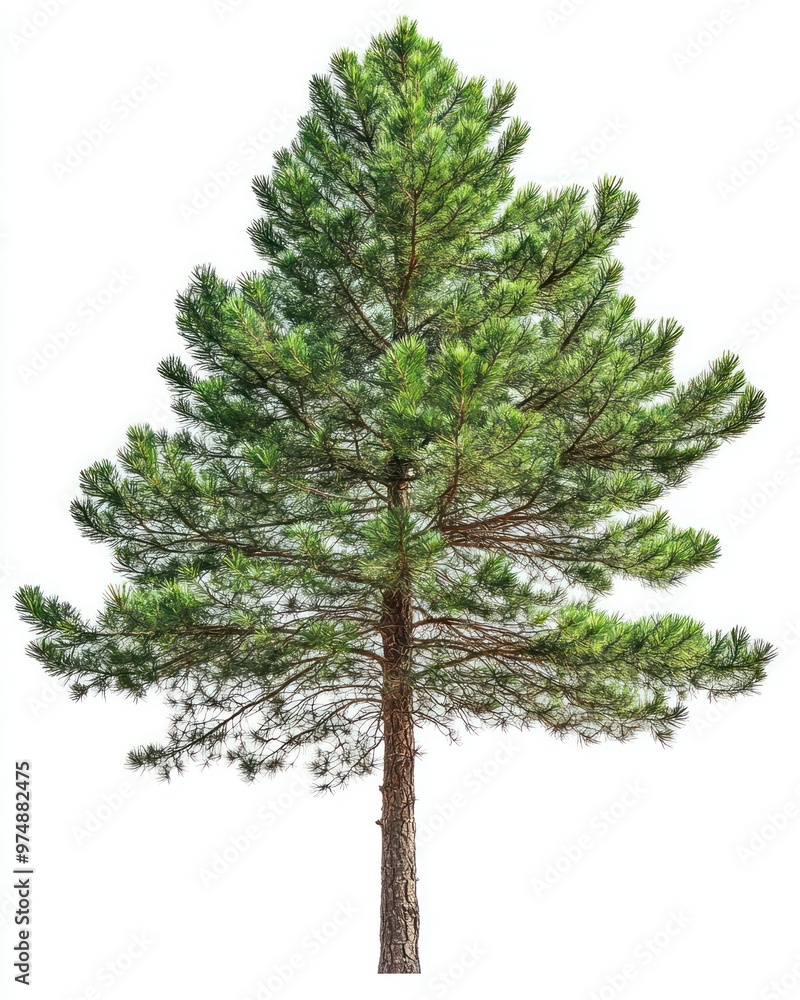 Fototapeta premium Pine tree isolated on white background, detailed needles and sharp texture, tall and narrow