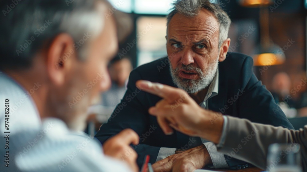 Fototapeta premium Two individuals engaged in conversation at a table