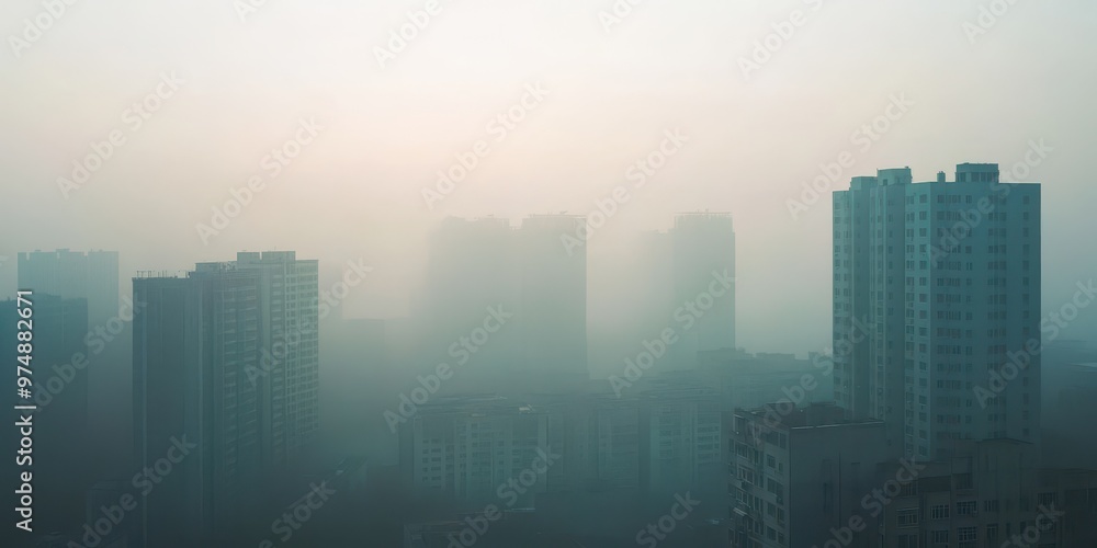 A hazy skyline enveloped in fog, showcasing towering buildings shrouded by mist and atmospheric depth. A hazy skyline enveloped in fog, showcasing towering buildings shrouded by mist and atmospheric depth.