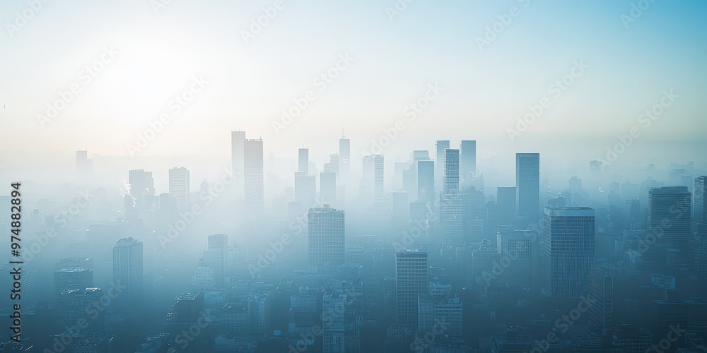 A misty city skyline at dawn, showcasing tall buildings shrouded in fog and soft sunlight creating a serene atmosphere. A misty city skyline at dawn, showcasing tall buildings shrouded in fog and soft sunlight creating a serene atmosphere.