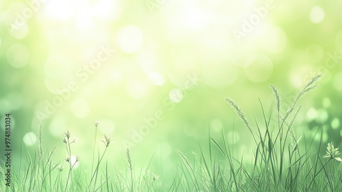 Green grass and plants with a soft-focus, bokeh light background suggesting a fresh, serene nature scene	