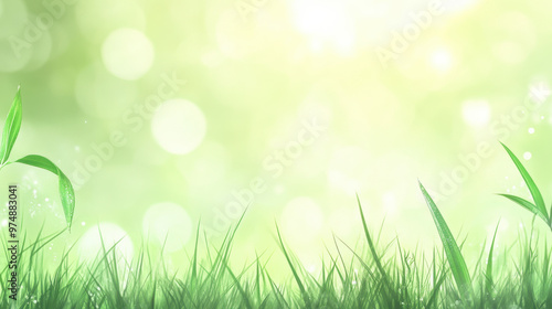 Green grass and plants with a soft-focus, bokeh light background suggesting a fresh, serene nature scene	