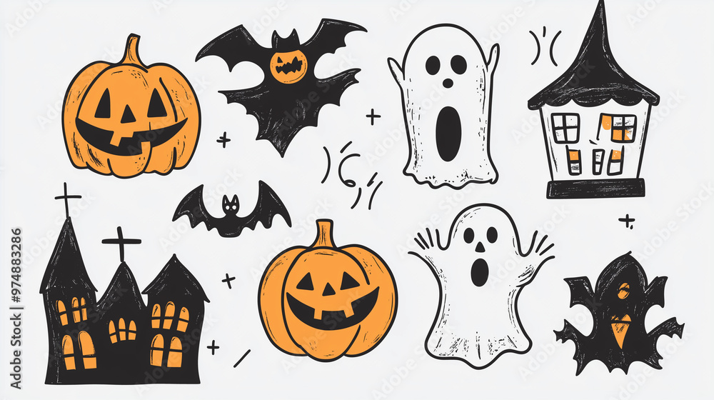 Set of Spooky and Funny Halloween Drawings Isolated on Solid White Background, Playful and Creepy Halloween Illustrations Set of Spooky and Funny Halloween Drawings Isolated on Solid White Background, Playful and Creepy Halloween Illustrations