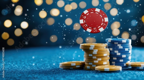 A poker chip flipping through the air, with a confident player in the background bluffing their way through a massive stack of chips