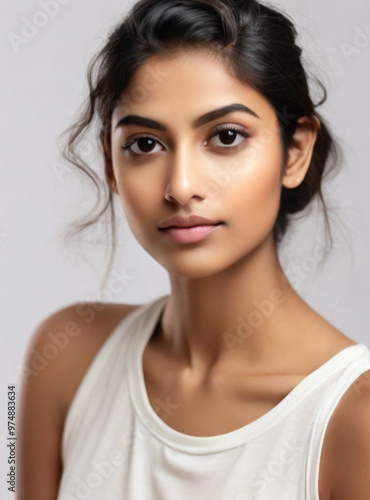 Close up portrait of beautiful Indian female model in 20s with perfect glowy skin 