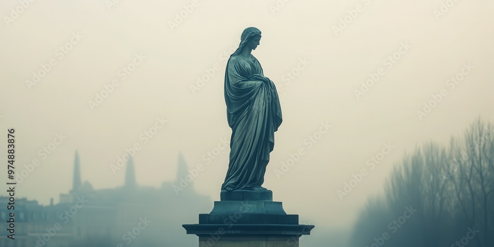 A serene statue stands in the fog, capturing the essence of tranquility and artistry amidst a misty backdrop. A serene statue stands in the fog, capturing the essence of tranquility and artistry amidst a misty backdrop.
