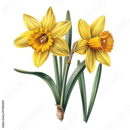 Yellow daffodils in bloom on a white background