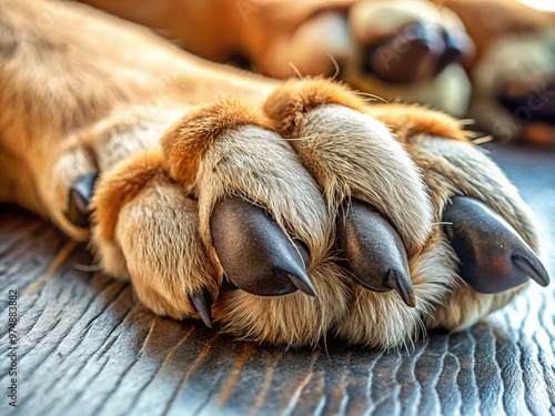 Macro shot of a canine paw, showcasing the intricately structured toes, paw pads, and claws, with visible ridges, photo