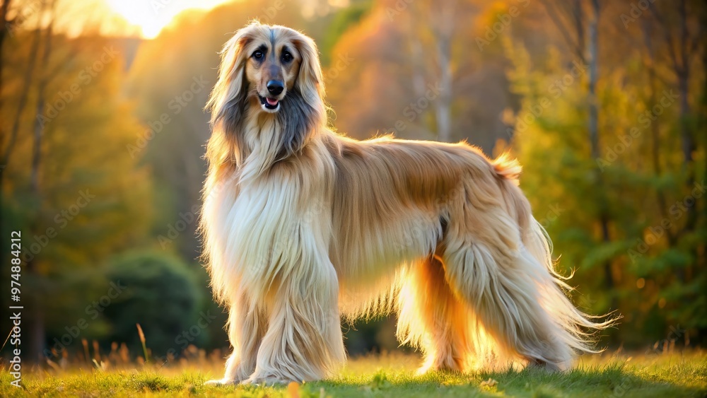 Magnificent Afghan Shepherd dog stands proudly outdoors, its thick, silky coat glistening in sunlight, showcasing its Magnificent Afghan Shepherd dog stands proudly outdoors, its thick, silky coat glistening in sunlight, showcasing its