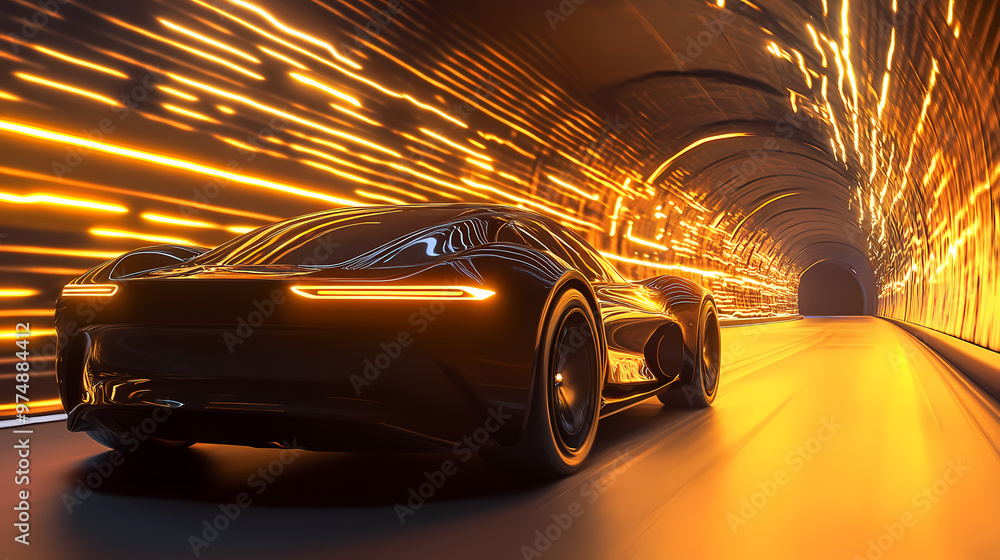 Obraz premium Modern electric car rides through tunnel with warm yellow light 3d rendering. Electric Car. Illustration