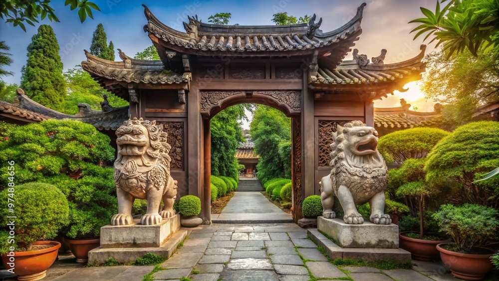 Majestic ancient stone lion gate in Shanghai's Chinese garden, adorned with intricate carvings and majestic lions, Majestic ancient stone lion gate in Shanghai's Chinese garden, adorned with intricate carvings and majestic lions,