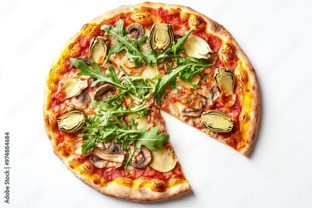 Delicious vegetable pizza with artichokes, mushrooms, and arugula on white background Delicious vegetable pizza with artichokes, mushrooms, and arugula on white background
