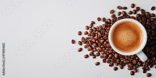 A steaming cup of coffee surrounded by rich coffee beans, perfect for showcasing warmth and comfort in your project.