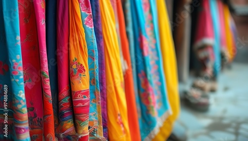 It shows the brightly colored traditional cloth in your hand, the background is blurred, highlighting the delicate texture and rich colors of the cloth, making it quiet and full of cultural charm. photo