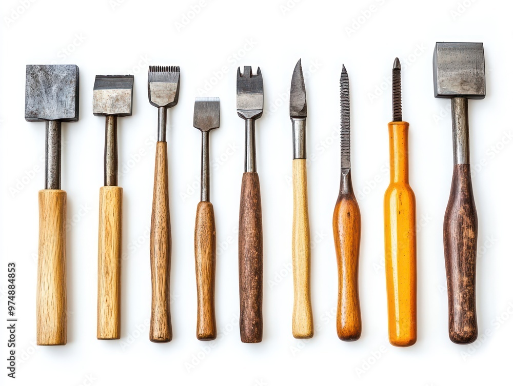 Set of construction chisels isolated on white background, neatly arranged Set of construction chisels isolated on white background, neatly arranged