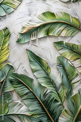 Capture a highresolution image showcasing vibrant banana leaves set against a textured wall to enhance interior decor with a tropical feel using organic elements