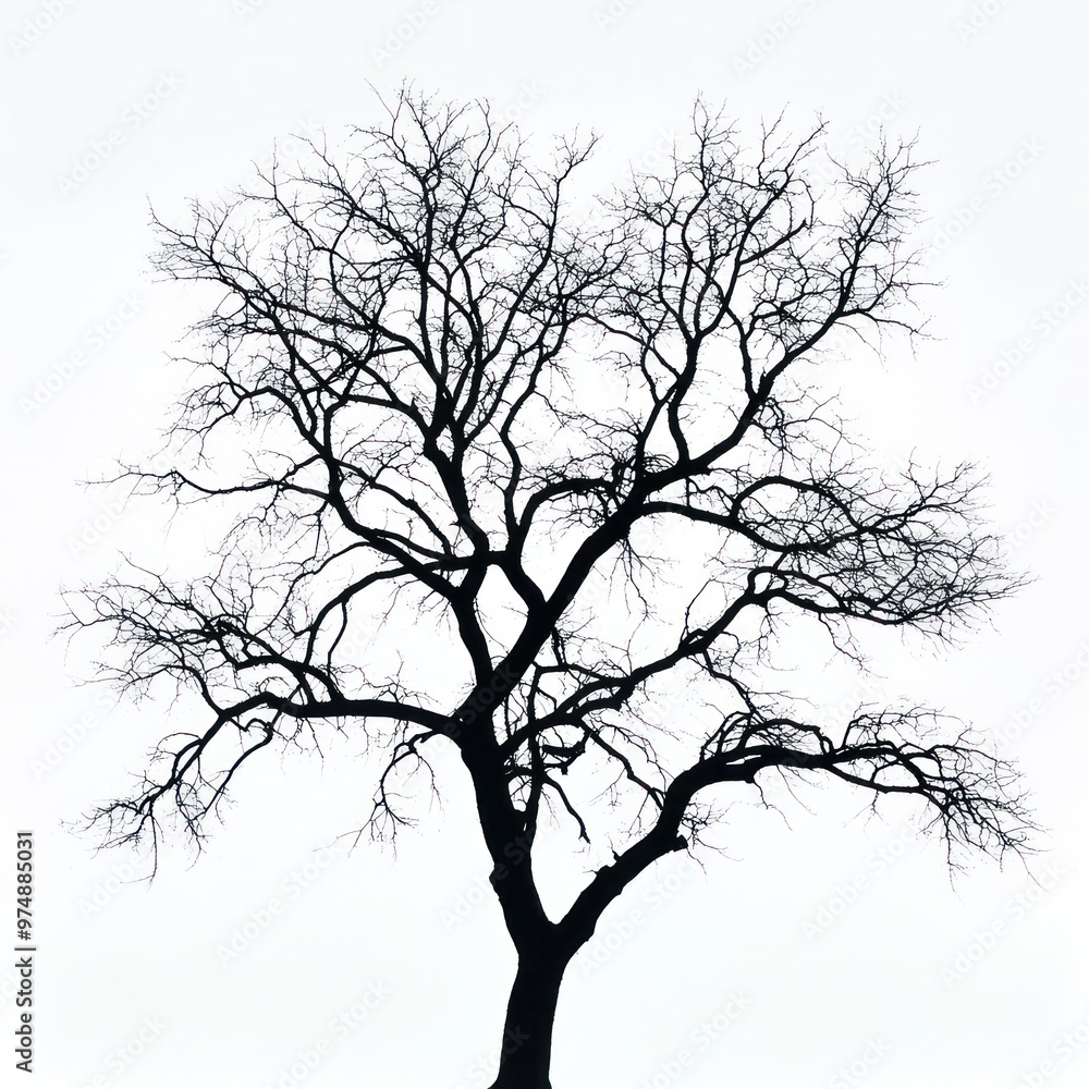 Silhouette of a bare tree, no leaves, isolated on white, intricate branches visible Silhouette of a bare tree, no leaves, isolated on white, intricate branches visible
