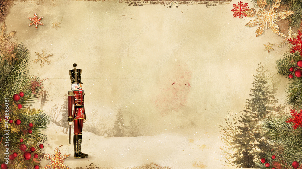 custom made wallpaper toronto digitalA Nutcracker-themed frame with ballet elements, featuring elegant golden details, snowflakes, and a Nutcracker soldier standing at one side of the frame.